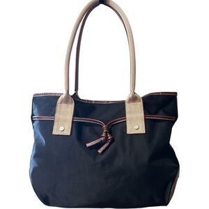 LANCEL Black & Brown Canvas Handbag/Tote, Beige Double Handle